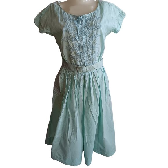 sz 8 Vintage 1950's Dress Mint Green Embroidered Nelly Don Belt Linen Distress - Picture 1 of 14
